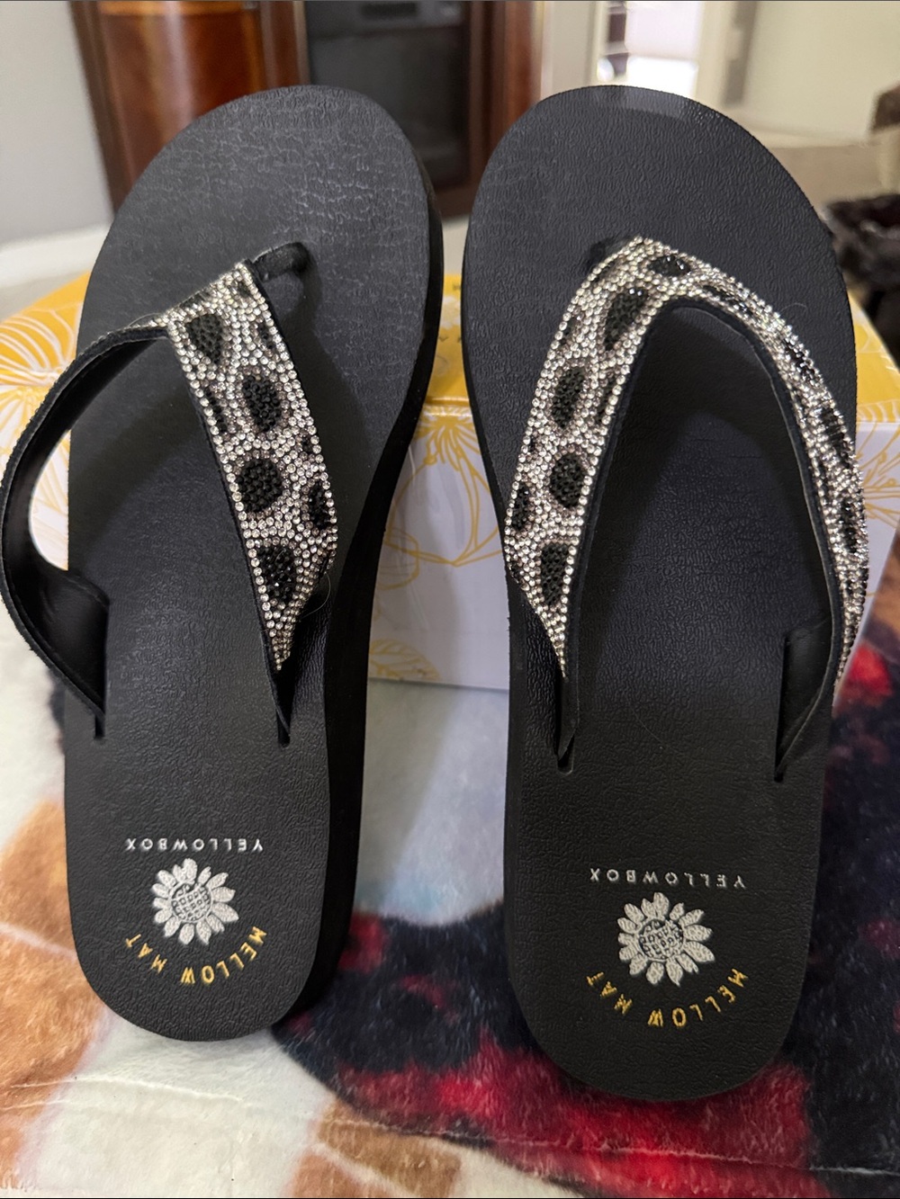 Yellow Box Naseeba Black Flip Flops with Silver and Black Rhinestone Straps -9